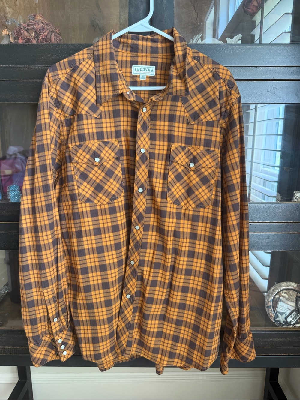 Tecovas Brown Orange Plaid Flannel Pearl Snap Western Button-Down Shirt